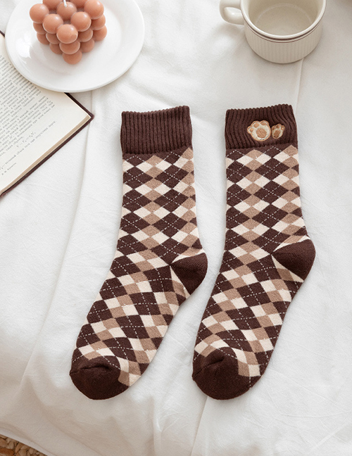 Fashion Coffee Dotted Big Rhombus Bear Embroidered Check Socks
