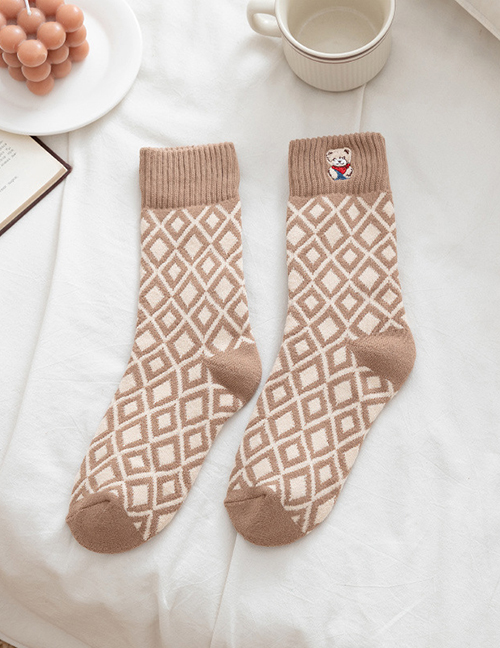 Fashion Khaki Diamond Bear Embroidered Check Socks