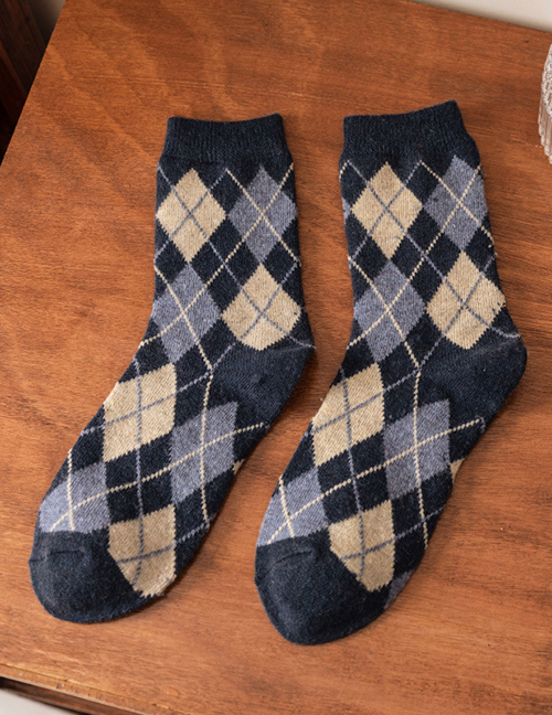 Fashion Navy Rhomboid Print Wool Socks