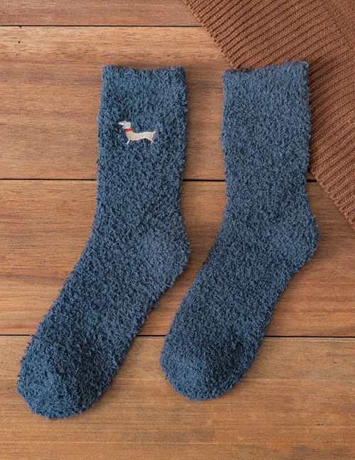 Fashion Dark Gray Puppy Embroidered Coral Fleece Tube Socks