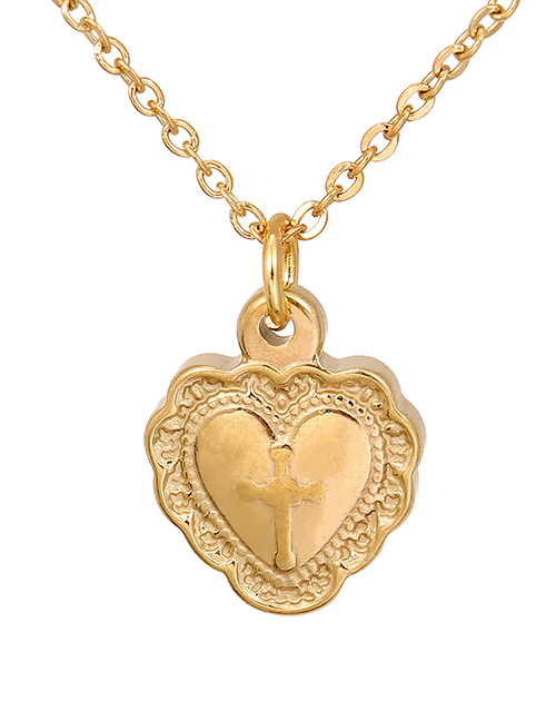 Fashion Gold Titanium Steel Heart Pattern Cross Necklace