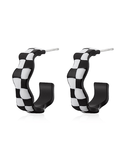 Fashion Black And White Alloy Drip Oil Checkerboard Ear Ring