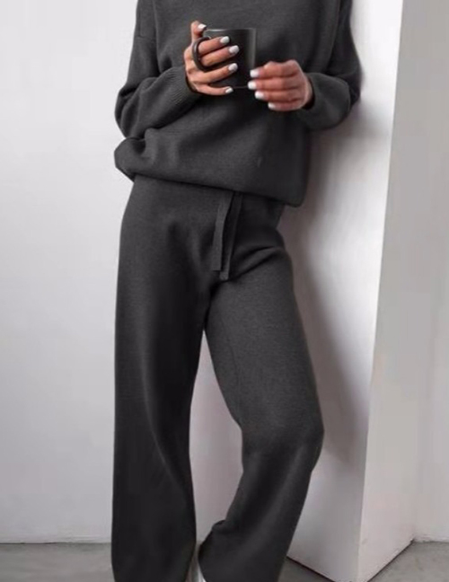 Fashion Dark Gray Wool Knitted Turtleneck Sweater Wide Leg Pants Suit
