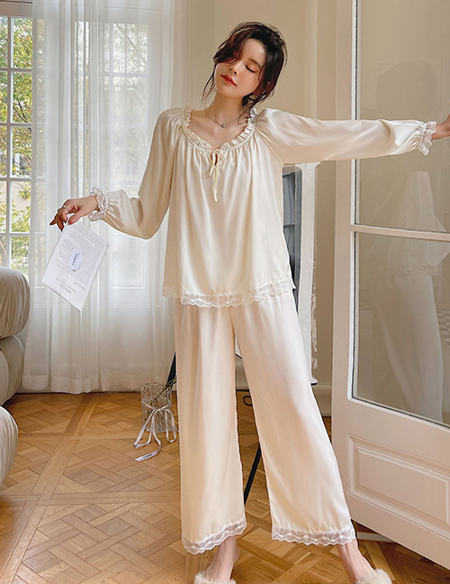 Fashion Milky White (9107 Set) Ice Silk Lace Trim Pajamas Set