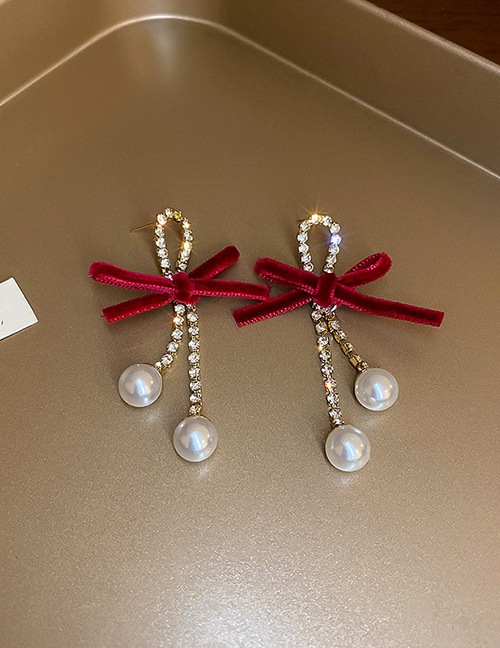 Fashion 5#bow Flocking Diamond Pearl Tassel Bow Stud Earrings