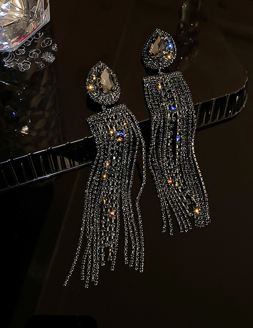 Fashion Black Tassel Water Drop Diamond Tassel Earrings