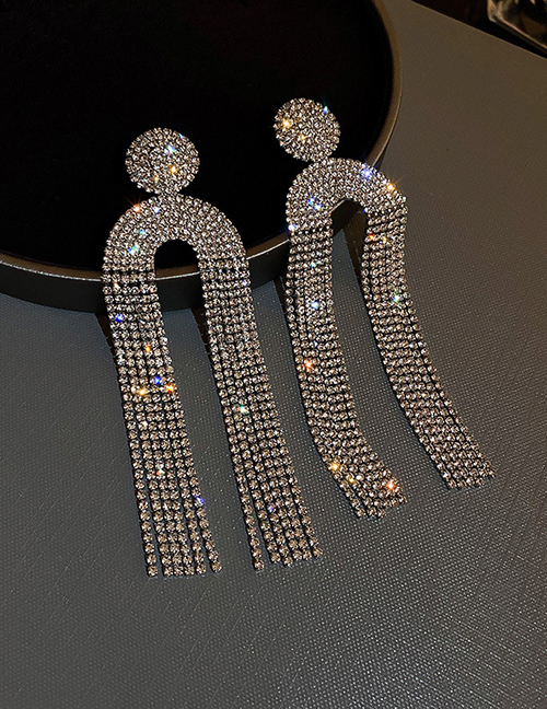 Fashion U Shape-silver Color Copper And Diamond U-shaped Tassel Earrings