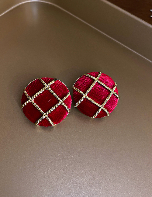 Fashion Red Flocking Well Grid Round Earrings