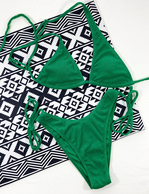 Fashion Green Pure Color Lace Split Swimsuit