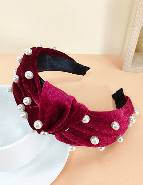 Fashion Red Velvet Pearl Knotted Headband
