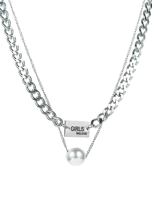 Fashion Silver Color Titanium Steel Letter Brand Pearl Double Necklace