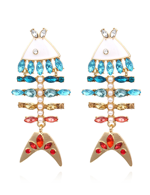 Fashion Color Mixing Alloy Color Diamond Fishbone Earrings