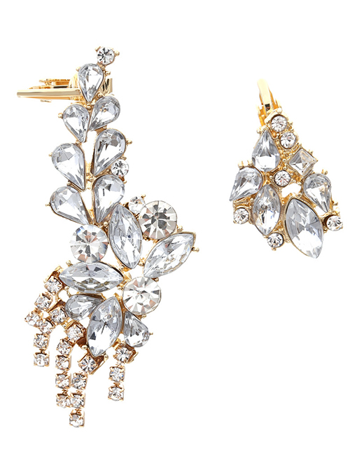Fashion Gold Alloy Hollow Diamond Flower Tassel Asymmetrical Stud Earrings