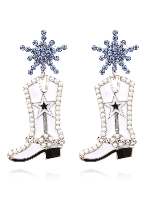 Fashion White K Alloy Pearl Snowflake Oil Drop Boot Stud Earrings