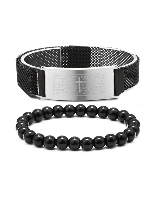 Fashion Black + Black Agate Stainless Steel Cross Magnetic Buckle Tiger Eye Beaded Bracelet Set