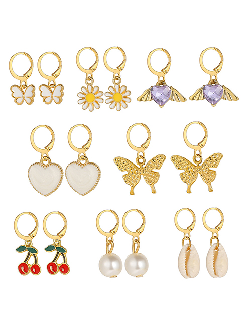 Fashion Gold Alloy Butterfly Flower Love Cherry Earring Set