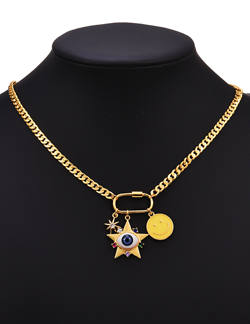 Fashion Yellow Copper Drop Oil Inlaid Zirconium Eyes Smiley Face Paper Clip Necklace