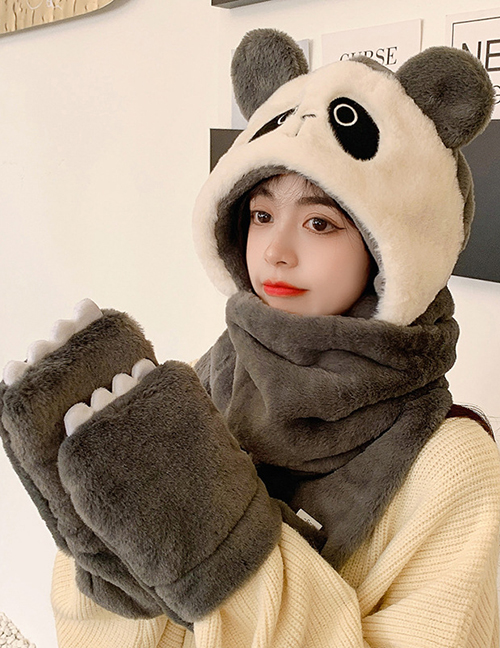 Fashion Grey Panda Scarf And Gloves All-in-one Plush Three-piece Suit