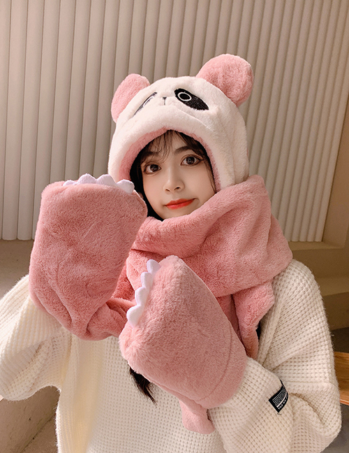 Fashion Pink Panda Scarf And Gloves One Plush Three-piece Suit
