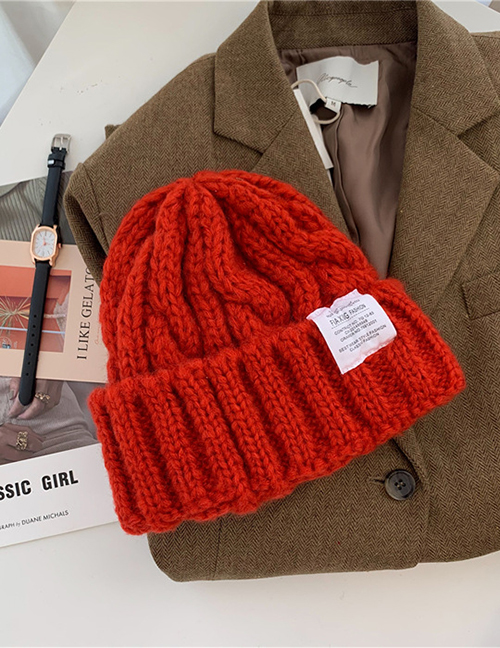 Fashion Brick Red Coarse Needle Twist Applique Knitted Woolen Hat