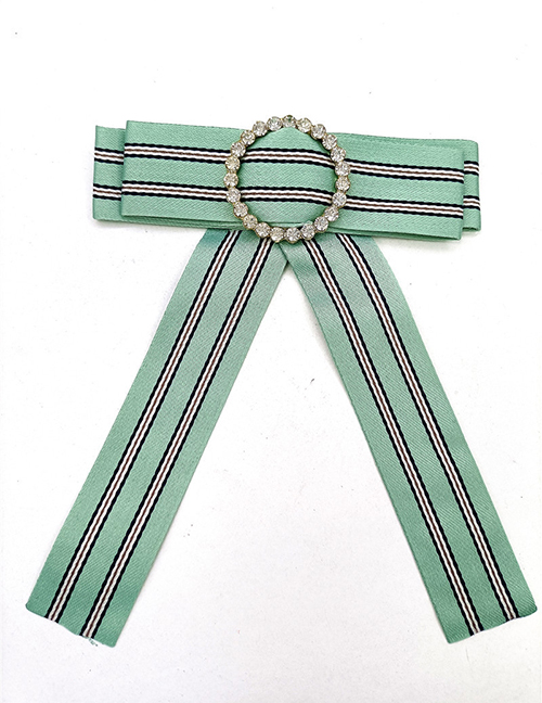 Fashion Green Fabric Striped Bow Round Diamond Brooch