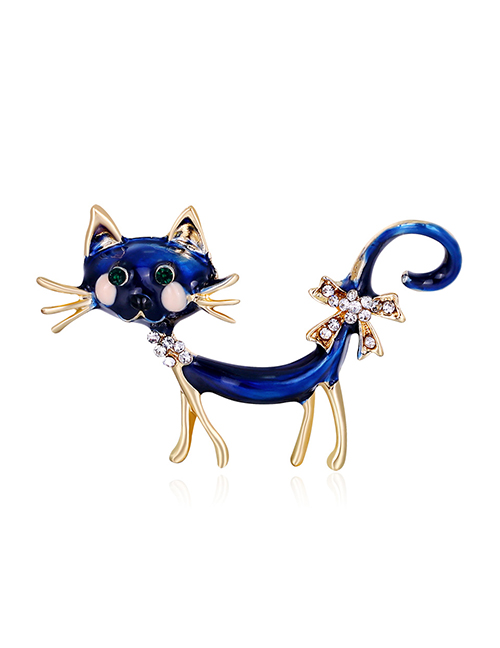 Fashion Blue Alloy Oil Drop Diamond Cat Brooch