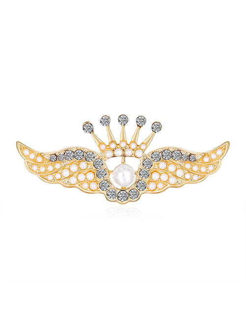 Fashion Gold Alloy Diamond Pearl Crown Wing Brooch