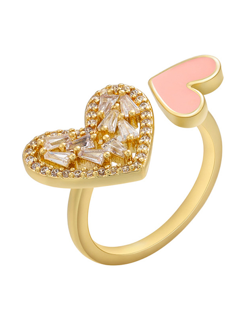 Fashion Gold Coloren Pink Copper Inlaid Zirconium Drop Oil Love Heart Open Ring