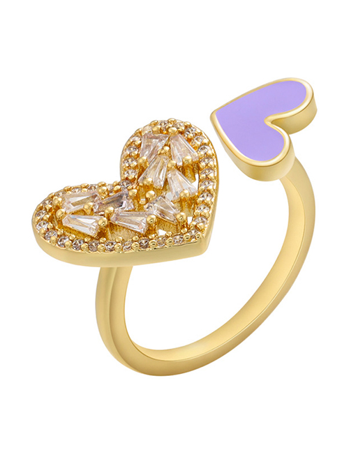 Fashion Gold Coloren Purple Copper Inlaid Zirconium Drop Oil Love Heart Open Ring