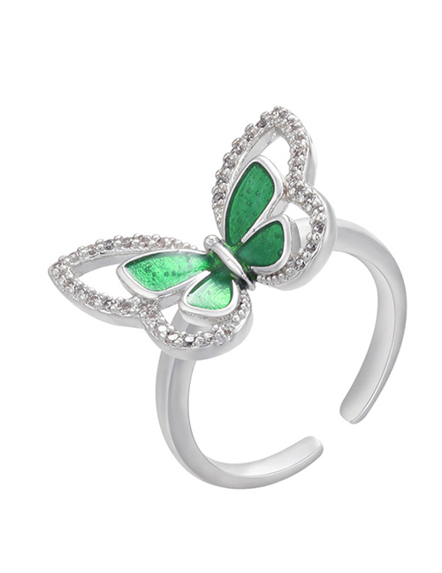 Fashion White Gold Color Green Copper Drop Oil Inlaid Zirconium Butterfly Open Ring