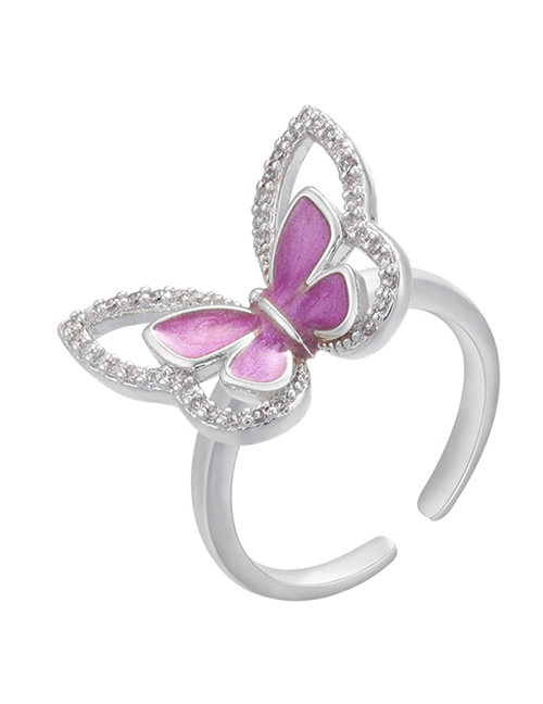 Fashion White Gold Color Purple Copper Drop Oil Inlaid Zirconium Butterfly Open Ring