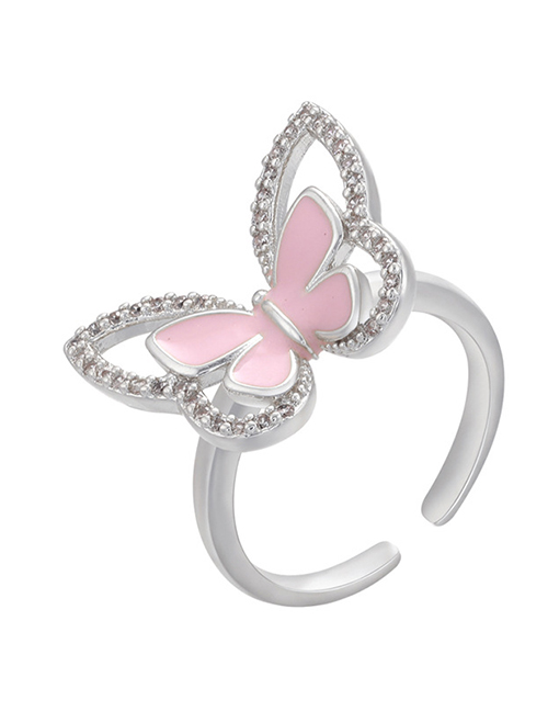 Fashion White Gold Color Pink Copper Drop Oil Inlaid Zirconium Butterfly Open Ring
