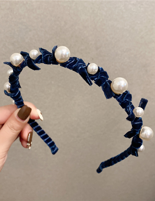 Fashion Blue Velvet Pearl Bow Hair Band With Thin Edges