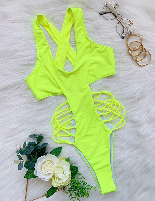 Fashion Silver Color Yellow Solid Color Back Cross Cutout One-piece Swimsuit