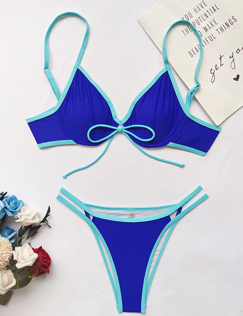 Fashion Blue Colorblock Lace Split Swimsuit