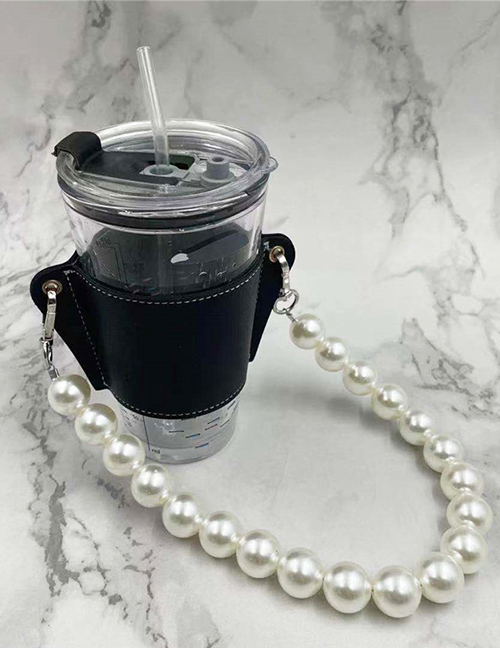 Fashion Black Cup Set + Pearl Chain Removable Pearl Chain Coffee Cup Holder