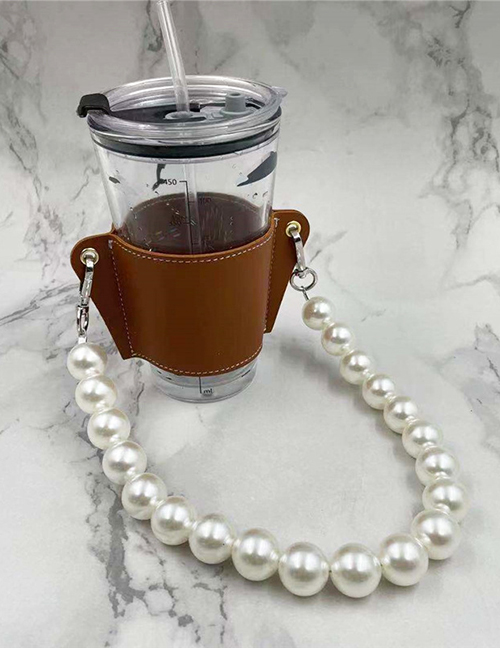 Fashion Brown Cup Set + Pearl Chain Removable Pearl Chain Coffee Cup Holder