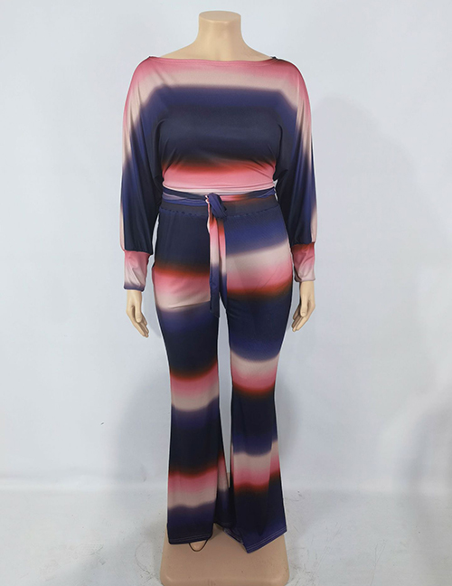 Fashion Blue Strips Colorful Striped Knitted Top And Trousers Suit