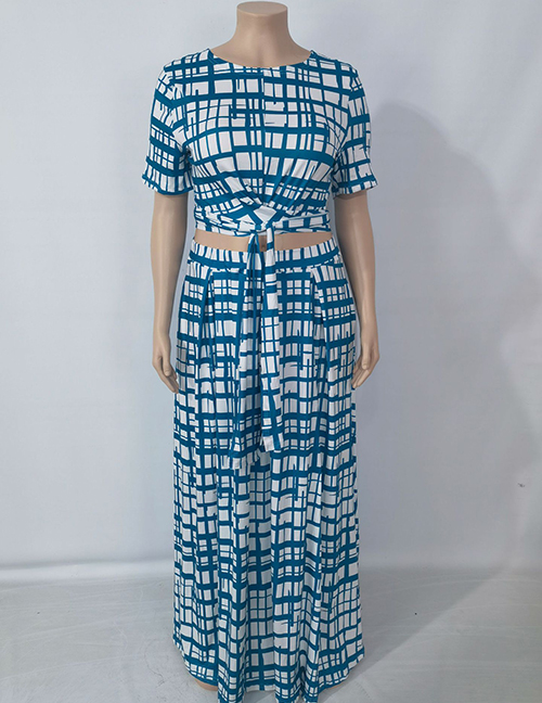 Fashion Blue Grid Tie-dye Tie-dye Short-sleeved Large-length Skirt Suit