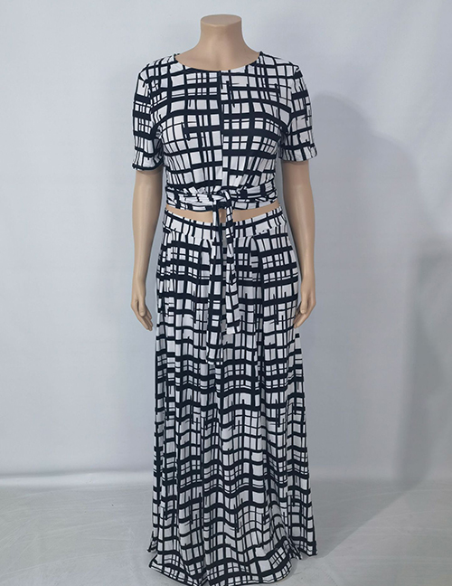 Fashion Black Grid Tie-dye Tie-dye Short-sleeved Large-length Skirt Suit