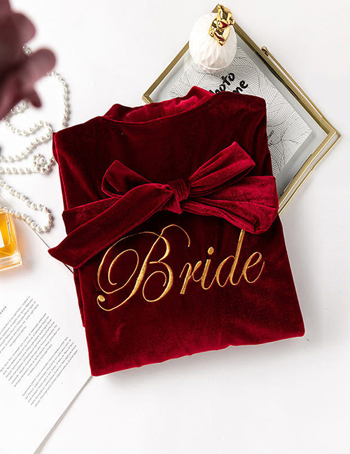Fashion Gold Coloren Velvet Bridal Style-wine Red Gold Velvet Letter Embroidered Nightgown Cardigan