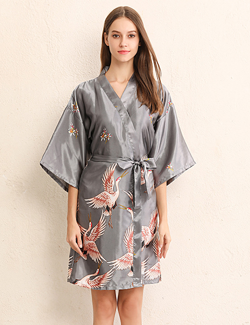 Fashion Elegant Grey Nightgown Crane Imitation Silk Geometric Print Bandage Nightgown