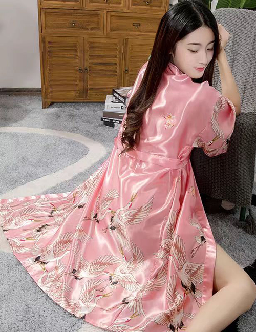 Fashion Coral Red Crane Medium Long Imitation Silk Geometric Print Bandage Nightgown