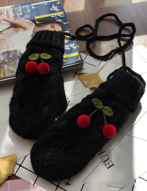Fashion Black/red Cherry Twist-knit Cherry Mittens Halterneck Gloves