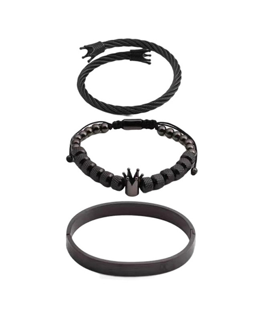 Fashion Gun Black 3 Piece Set A Stainless Steel Crown Letter Braided Bracelet Set