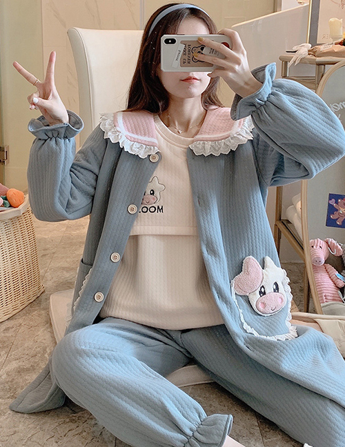 Fashion Blue Cute Cow Three-piece Air Cotton Side-breasted Pajamas For Pregnant Women