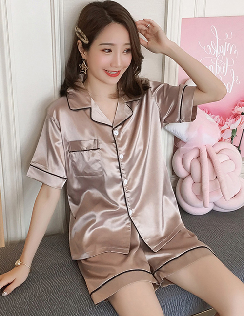 Fashion Apricot Ice Silk Print Short-sleeved Shorts Pajama Set