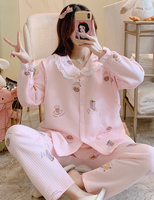 Fashion 6019 Lace Pink Socks Maternity Pajama Set With Air Cotton Side Collar Geometric Print