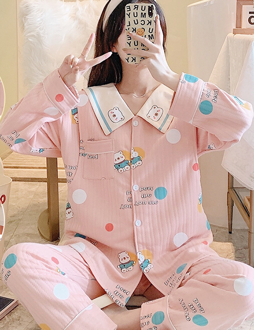 Fashion 9954 Bear Pink Air Cotton Cartoon Quilted Maternity Pajamas Set