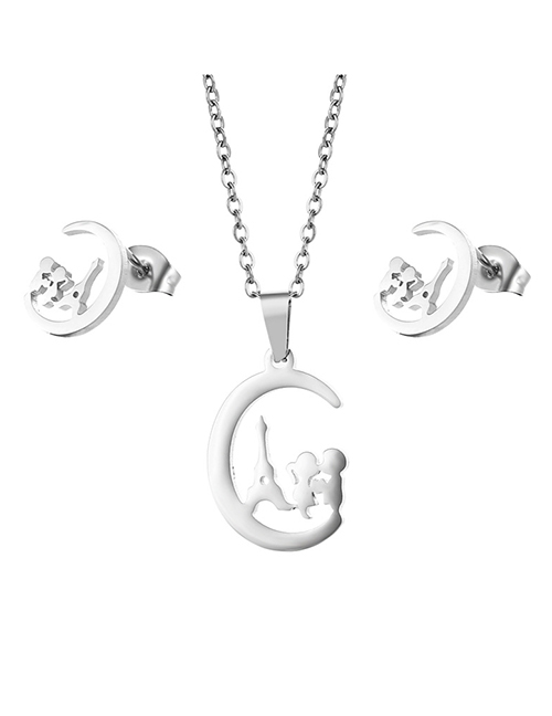 Fashion Silver Color Stainless Steel Moon Necklace And Earring Set